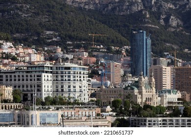 Monaco, Monaco - 02.10.2022: 
 View From The Port Of Monaco To The Monte Carlo Casino And The Famous Hotel De Paris