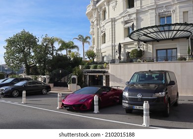 Monaco, Monaco - 30.12.2021 : Luxury Supercars Near Hotel De Paris In Monte Carlo, Monaco