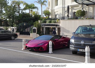 Monaco, Monaco - 30.12.2021 : Luxury Supercars Near Hotel De Paris In Monte Carlo, Monaco