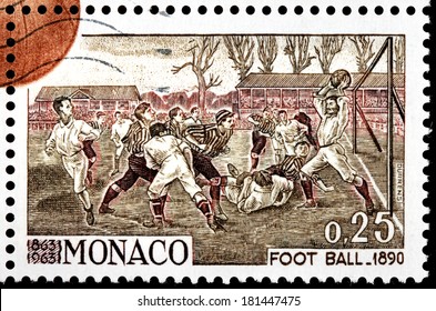 MONACO - CIRCA 1963: A stamp printed by MONACO shows ancient engraving of Football Match 1890, circa 1963
