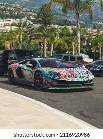 Monaco, Monte Carlo, 07-24-2021, Hand Painted Lamborghini Aventador SVJ Parked In Front Of Hotel De Paris In Monaco