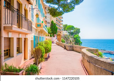 Monaco, Monte carlo. Monaco village with colorful architecture and street along the ocean.