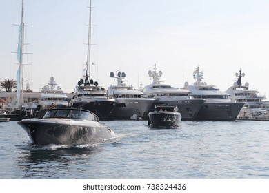 Monaco, Monte-Carlo, 27.09.2017: Tenders Of Different Brokers On Largest Exhibition Yacht Show, MYS, Boats, Richest People, Casino, Yacht Club, Cityscape, Stands, Exhibitors, Port Hercules, Megayacht