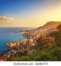 Monaco Montecarlo Cityscape, Principality Aerial View. Skyscrapers, Mountains And Marina. Azure Coast. France, Europe.