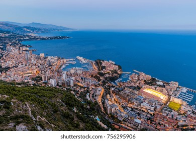 Monaco, Monte-Carlo, old town, view from La Turbie, aerial view at evening, sunset, port Hercule, Prince Palace, Mountains, Megayachts, a lot of boats, skyscrapers, Principality , Menton, reflection