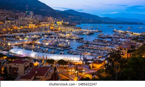 Monaco Port Hercule Yacht Show At Sunset After A Rain