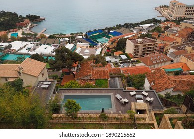 Monaco. Roquebrune-Cap-Martin 2018.04.04 Aerial View Of The Roofs Of Monaco And Monte Carlo Country Club On A Rainy Day And Tennis Courts Sheltered From The Rain.