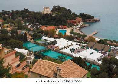 Monaco. Roquebrune-Cap-Martin 2018.04.04 Aerial View Of The Roofs Of Monaco And Monte Carlo Country Club On A Rainy Day And Tennis Courts Sheltered From The Rain.