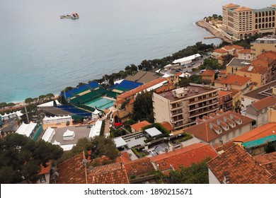 Monaco. Roquebrune-Cap-Martin 2018.04.04 Aerial View Of The Roofs Of Monaco And Monte Carlo Country Club On A Rainy Day And Tennis Courts Sheltered From The Rain.