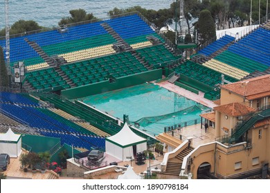 Monaco. Roquebrune-Cap-Martin 2018.04.04 Aerial View Of Monte Carlo Country Club On A Rainy Day And Tennis Courts Sheltered From The Rain. Close-up. 