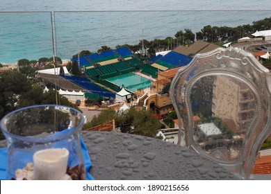 Monaco. Roquebrune-Cap-Martin 2018.04.04 View Of Monte Carlo Country Club On A Rainy Day And Tennis Courts Sheltered From The Rain From The Balcony.