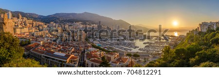 Monaco Ville Harbour sunrise panorama city skyline, Monte Carlo, Monaco