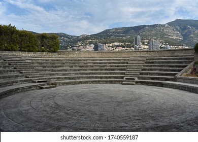MONACO-VILLE, MONACO - August 22, 2019: Close-up of the circular auditorium of the Théâtre du Fort Antoine, a beautiful lookout point, a unique theatrical experience