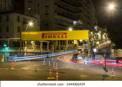 Monaco-Ville, Monaco - June 2, 2019: Pirelli logo and sign on the street in Monaco at night.