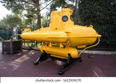 Monaco-Ville, Monaco - November 4, 2016: Yellow exploration submarine of Jacques Yves Cousteau front of Museum of Oceanography in Monaco