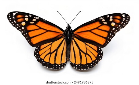 monarch butterfly - Danaus plexippus - or milkweed, common tiger, wanderer, and black veined brown, one of the most popular butterflies.  Milkweed is their host plant.  isolated on white, top view - Powered by Shutterstock