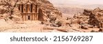 The Monastery (Ad Deir), an example of Nabataean classical style, Petra, Jordan. Panormaic view from surronding cliffs.