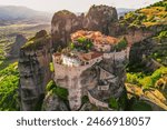 The monastery Meteora, aerila rocky monasteries complex in Greece near Kalabaka city. Holy Monastery of the Great Meteoron and Varlaam