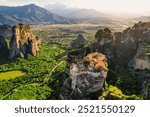 The monastery Meteora, aerila rocky monasteries complex in Greece near Kalabaka city. Holy Monastery of the Great Meteoron and Varlaam