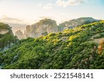 The monastery Meteora, rocky monasteries complex in Greece near Kalabaka city. Holy Monastery of the Great Meteoron and Varlaam