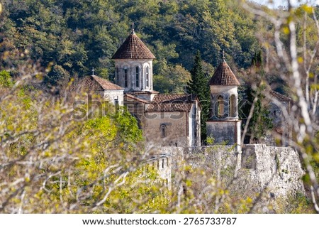 The Monastery of Saints David and Constantine on the slope of mountain, better known as Motsameta, a medieval Georgian Orthodox convent in the Imereti region of Georgia. Religious ancient architecture