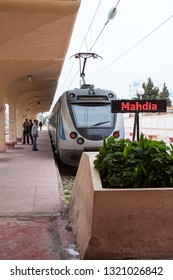 MONASTIR, TUNISIA-CIRCA MAY, 2012: New Designed Electric Train Stands In Monastir Key Middle Station. The Sahel Metro Is An Electrified, Metre Gauge Railway Line With Trains Serving Sousse And Mahdia