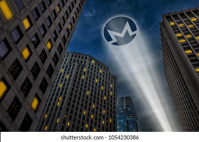 Monero Cryptocurrency, Anonymous Payment Open Source Privacy Payment Coin, Superhero Concept, Light Beam Projecting Monero Symbol Logo On The Dark Night Sky Between City Skyscrapers 