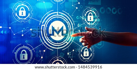 Monero cryptocurrency security theme with hand pressing a button on a technology screen