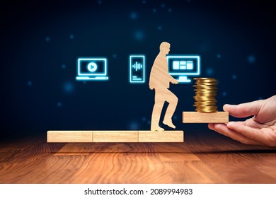 Monetize your content. Passive income helps build financial independence. Growth wealth with multimedia content concept - footage, video, photography, illustration and audio music, sounds or podcast.