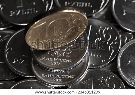 Money. 10 and 1 russian roubles coins