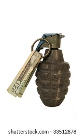 Money Attached To The Pin On A Grenade, Representing Strings Attached To US Government Bailout Money