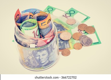 Money, Australian Dollar Banknotes And Coins, Vintage Tone