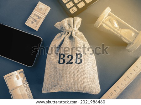 Money bag B2B ( business-to-business ). A business enters into a commercial transaction with another business. Commercial relationship, where another company or organization acts as a buyer.
