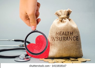 Money bag with coins and the inscription Health Insurance and a heart with a stethoscope. The concept of medical insurance of life, family, health. Healthcare. The accumulation of money. Saving