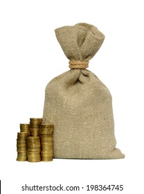 Money Bag And Coins Isolated On A White Background.