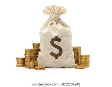 Money bag with dollar sign and stack of coins. isolated on white background.