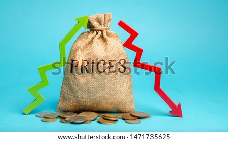 Money bag with up and down arrows. A sharp change in prices. Destabilization of stock markets. Speculation, speculators. Monopolization of the market and interruptions in the supply of goods, services