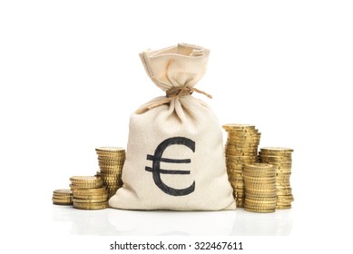 Money Bag And Euro Coins, Isolated On White Background