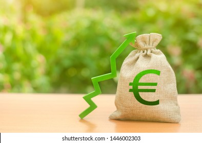 Money Bag With Euro Symbol And Green Up Arrow. Increase Profits And Wealth. Growth Of Wages. Favorable Conditions For Business. Investment Attraction. Loans And Subsidies. Favorable Conditions