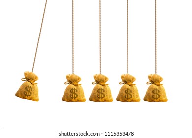 Money Bag Hanging Newton Cradle Pendulum Symbol With Rope, Momentum As A Group Of A Business Investment Concept.