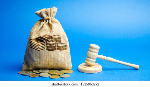 Money bag and judge's hammer. Penalty for a crime and offense. Financial punishment. Violations of traffic laws. Fraud. Fine, penalization, mulct. Gavel
