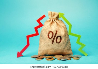 Money Bag With Percent And Up Or Down Arrow. Mortgage And Loan Rates. Interest Rate, Stocks, Ranking. Business And Finance Concept.