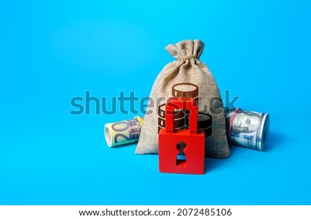 Money bag and red padlock. Sanctions and Restrictions. Freezing of assets, seizure of savings and property. Fund reservation. Transaction restrictions. Unavailability of loans, low credit rating.