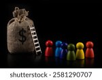 Money bag with the USD symbol, a ladder and figures of symbolic people on a black background