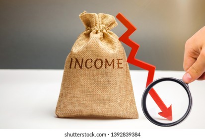 Money Bag With Word Income And Down Arrow. Reduced Revenue And Profits. Reduced Budget. Loss Of Money. Unsuccessful Business And Poverty. Lower Salary, Wage Rates. Financial Crisis