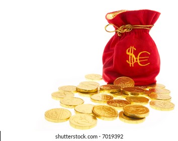 money bags with coins on a white background