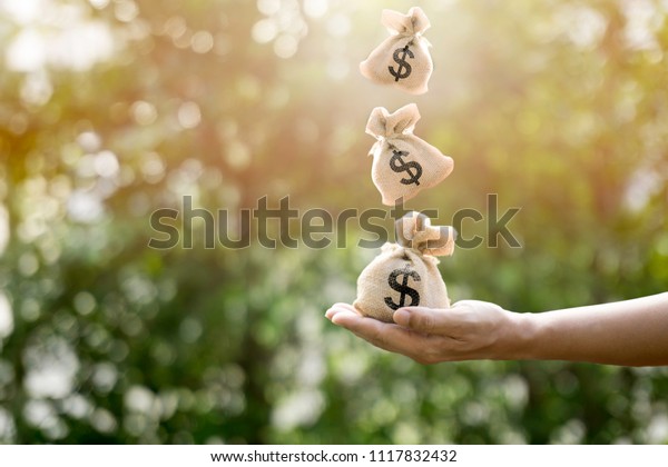 Money bags fall into the hands of men. Represent\
to savings to buy a home or car. Or show a home loan. Or Car to\
finance to buy a home. divide the investment for retirement. Or\
Concept of money.
