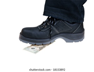 Money Banknote Crush Under Foot In Black Shoes Isolated On White