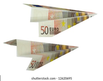 The Money Bill By Value In Fifty Euro Presented In The Manner Of Paper Airplane.