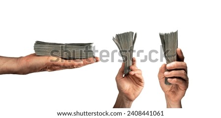 Money bills, stacks and bunches, banknotes in hands set, isolated on white background